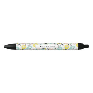 Stylo Noir Fleurs Pastel en Fleur Motif Personnalisé