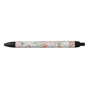 Stylo Noir Fleurs roses Empreintes de léopard noires en argen