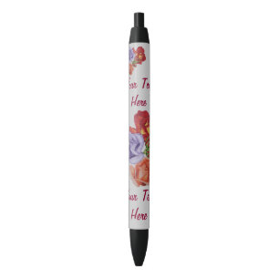Stylo Noir fleurs roses rouges et bourgeons roses fleuristes