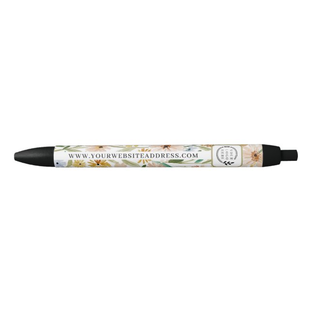 Stylo Noir Fleurs sauvages aquarelle rustique Ajouter un logo (Devant)