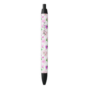 Stylo Noir Fleurs sauvages délicats en aquarelles blanches