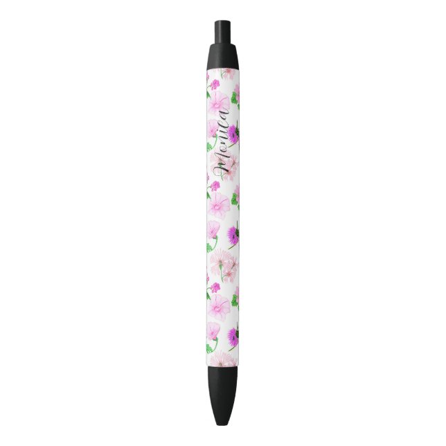 Stylo Noir Fleurs sauvages délicats en aquarelles blanches (devant Vertical)