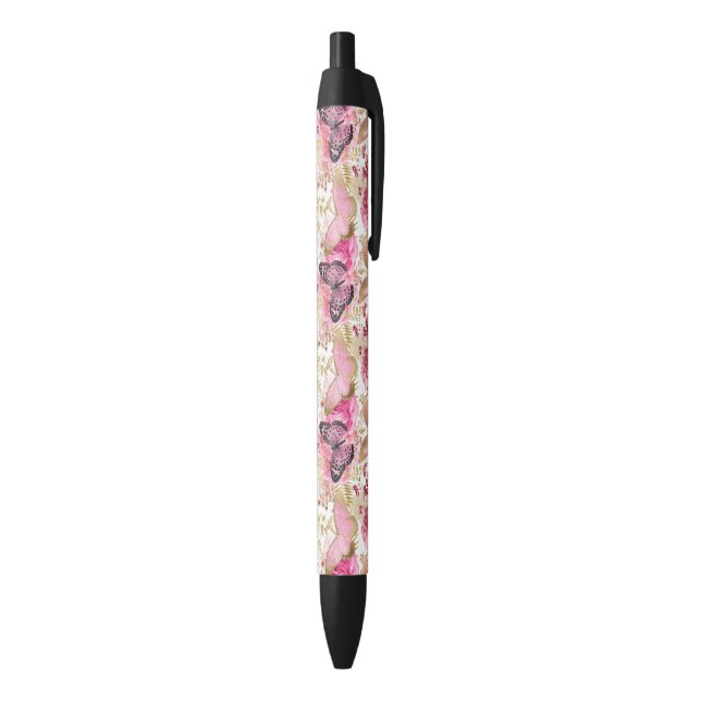 Stylo Noir Flore rose Papillon volant Accents dorés (Bas (Vertical))