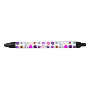Stylo Noir Flower Power Heart Peace Motif + votre backgr.