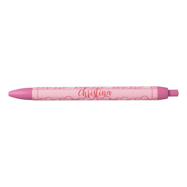 Stylo Noir Girly Blush Rose mignon Animal Imprimer Coeurs Nom (Devant)