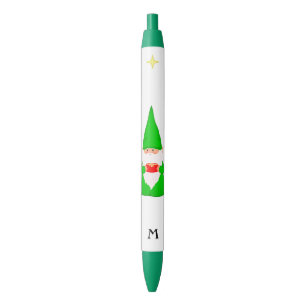 Stylo Noir Gnome mignonne tenant un cadeau et un monogramme
