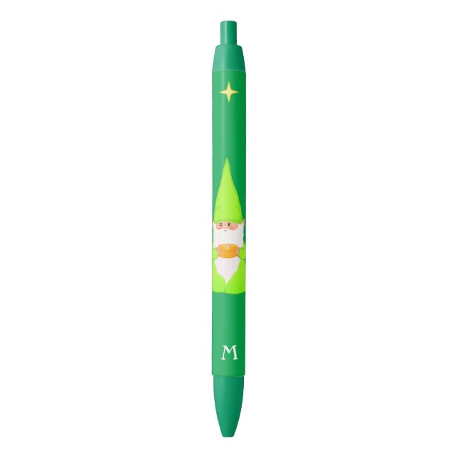 Stylo Noir Gnome mignonne tenant un cadeau et un monogramme s (devant Vertical)