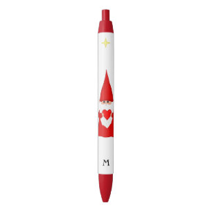 Stylo Noir Gnome mignonne tenant un coeur et un monogramme