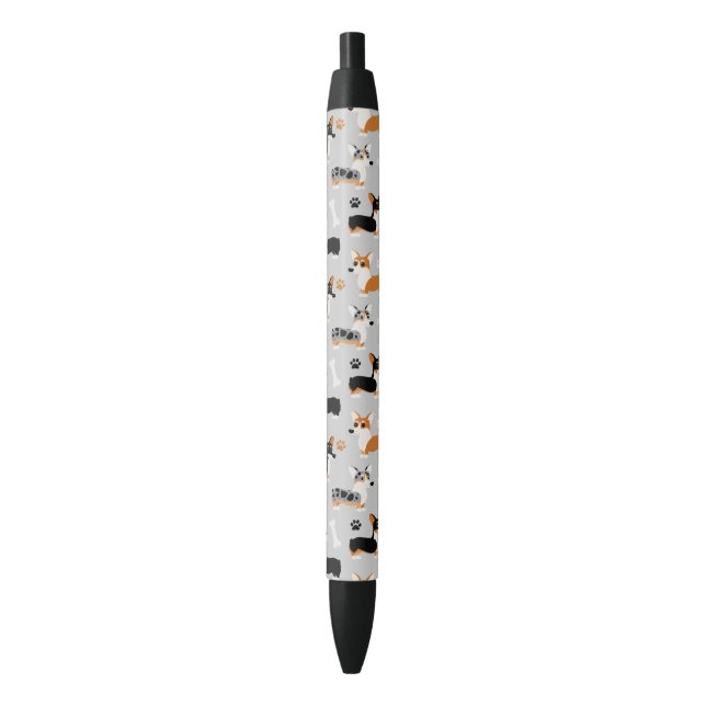 Stylo Noir Gris Motif de Corgi (devant Vertical)