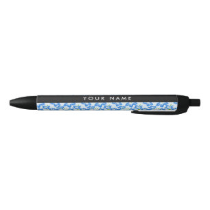 Stylo Noir Hibiscus Bleu, Fleurs Bleues, Votre Nom