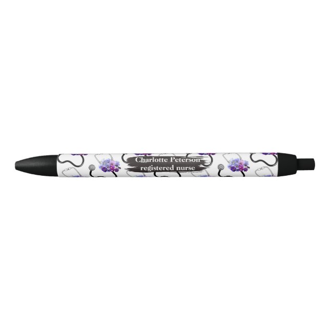 Stylo Noir Infirmière inscrite Stethoscope et Floral bleu   (Devant)