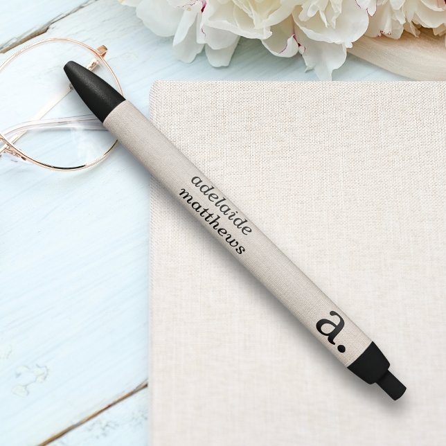 Stylo Noir Initiale de monogramme de look en lin moderne prof (Créateur téléchargé)