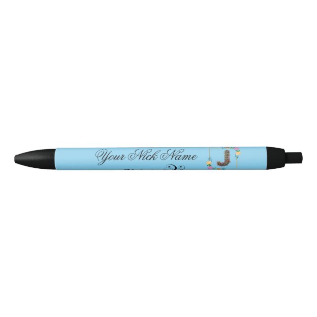 Stylo Noir Initiale florale élégante J (Devant)