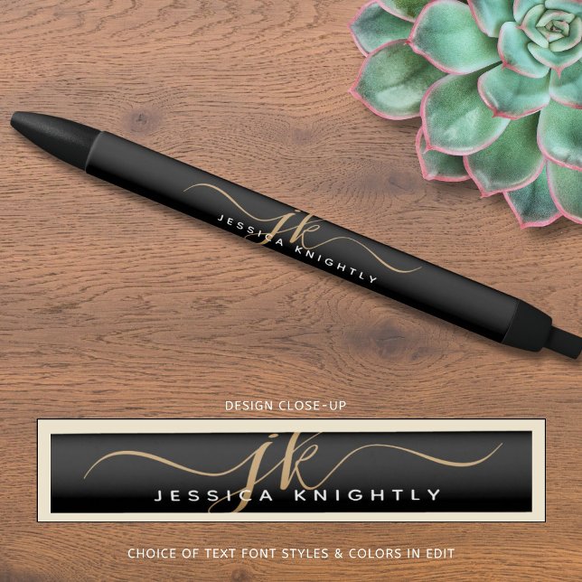 Stylo Noir Initiales de monogramme élégantes en écriture noir (Créateur téléchargé)