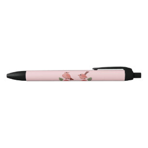 Stylo Noir Inséparables roses mignons et Roses floraux