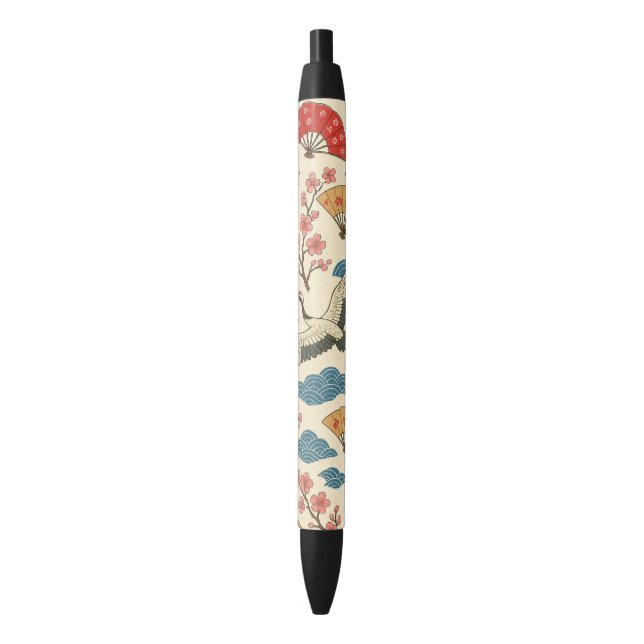 Stylo Noir Japanese Crane Sakura Pattern Pen – Traditional  (devant Vertical)