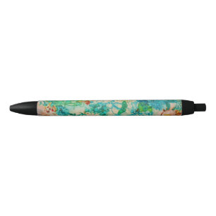Stylo Noir Jardin botanique d'été vintage vert Fleurs Roses