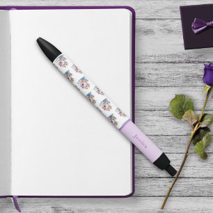Stylo Noir Joli chiot assis sur des livres et des fleurs fémi