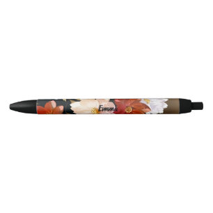 Stylo Noir Joli et élégant rouge blanc rose floral Nom person