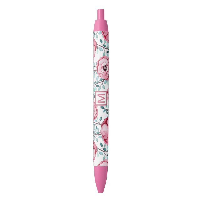 Stylo Noir Joli monogramme rose floral (devant Vertical)