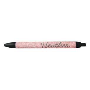 Stylo Noir Joli nom personnalisé Rose Parties scintillant or