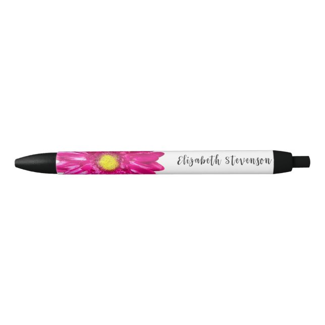 Stylo Noir Joli rose fleur marguerite nom personnalisé (Devant)