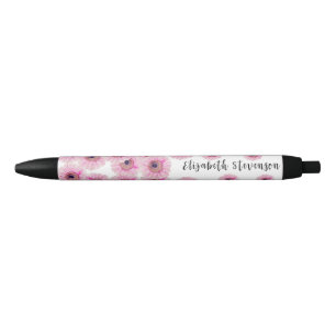 Stylo Noir Joli rose fleur marguerite nom personnalisé