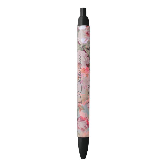 Stylo Noir Jolie "Croyez en vous-même" citation rose florale (devant Vertical)