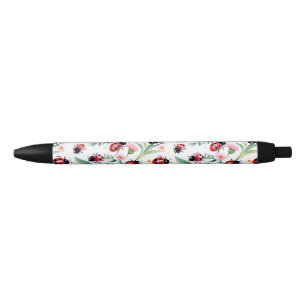 Stylo Noir Jolies coccinelles et motif de fleurs blanc
