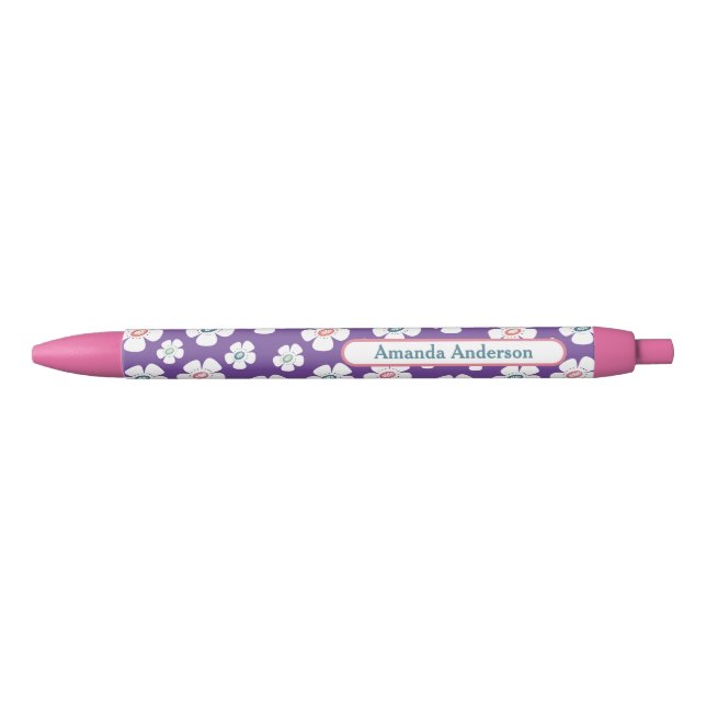 Stylo Noir Jolies Fleurs Faisées Personnalisées (Devant)