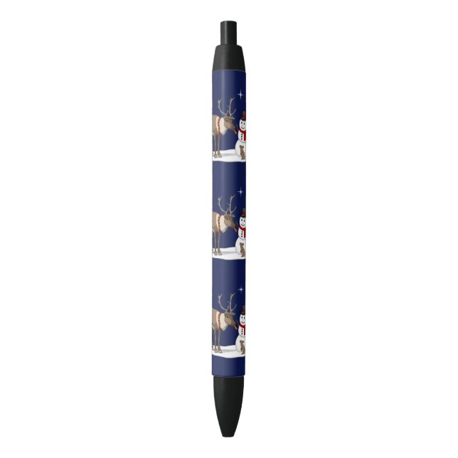 Stylo Noir Joyeux bonhomme de neige de Noël & mignon renne (devant Vertical)