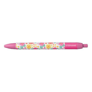 Stylo Noir Joyeux rose orange jaune Floral Nom personnalisé