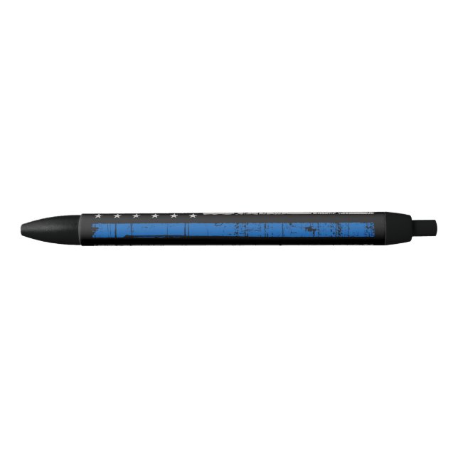Stylo Noir Ligne Bleue Mince - Officier de Police - Drapeau A (Devant)