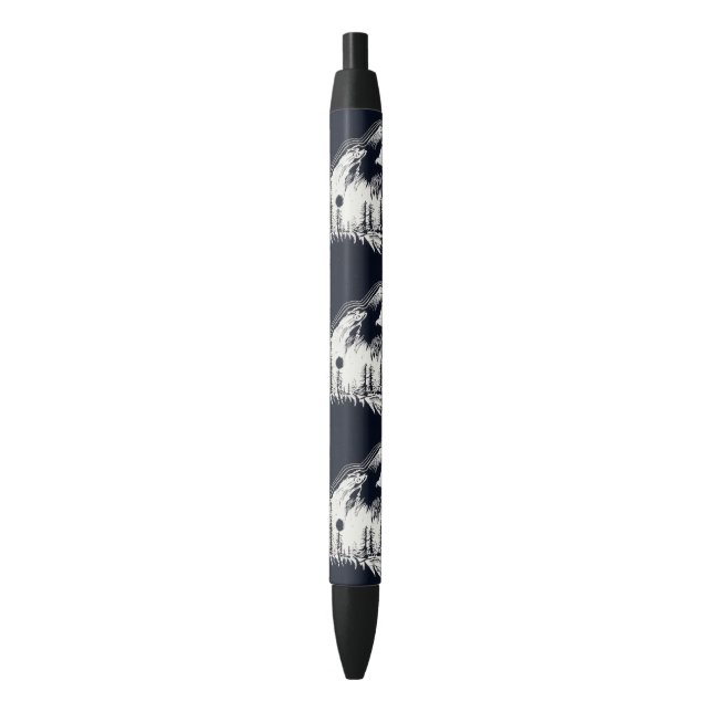 Stylo Noir Lune Forêt de pins d'hiver Wolf (devant Vertical)
