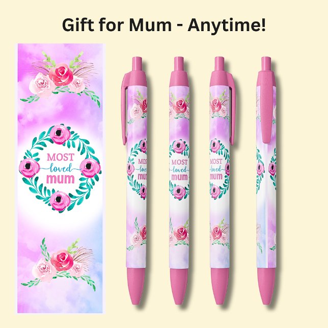 Stylo Noir Maman La Plus Aimée, Fleurs Roses, (Créateur téléchargé)