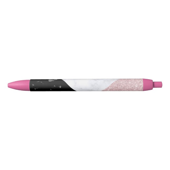 Stylo Noir Marbre noir blanc de parties scintillantes roses (Devant)
