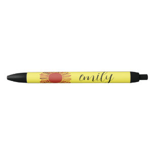Stylo Noir Marguerite lunaire jaune et blanc avec texte perso