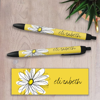 Stylo Noir Marguerite lunaire jaune et blanc avec texte perso