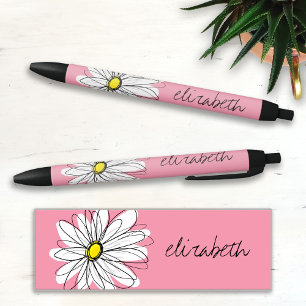 Stylo Noir Marguerite Whimsical rose et blanc avec texte pers