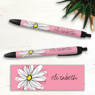 Stylo Noir Marguerite Whimsical rose et blanc avec texte pers