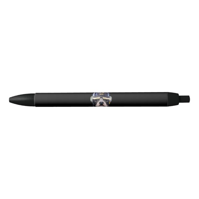 Stylo Noir Mignonne Chien de taureau français portant un casq (Devant)