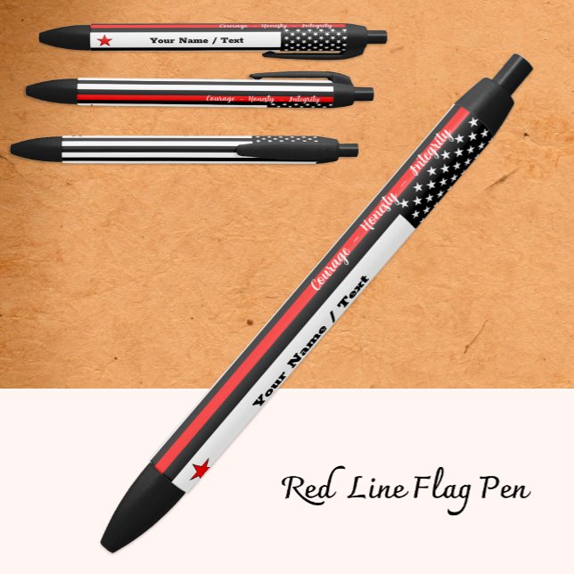 Stylo Noir Mince Ligne Rouge, Drapeau Américain, Personnalisé (Créateur téléchargé)