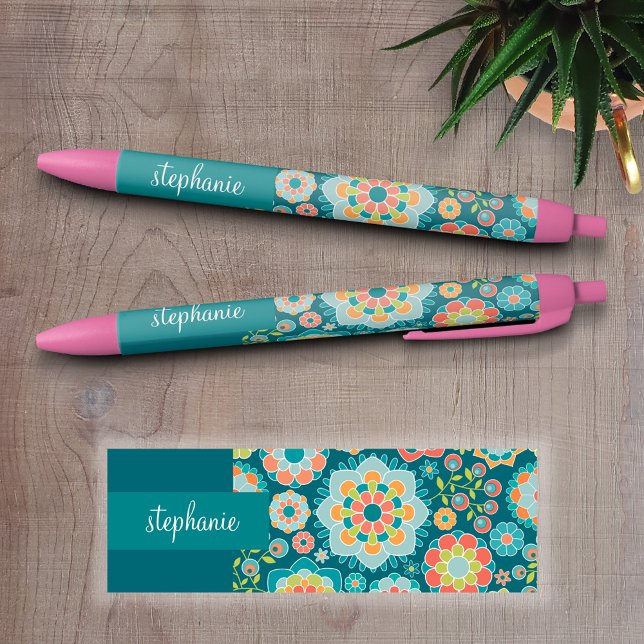 Stylo Noir Modèle Floral d'été coloré Nom personnalisé (Custom Pen - Personalize this writing pen with you name, monogram or other text)