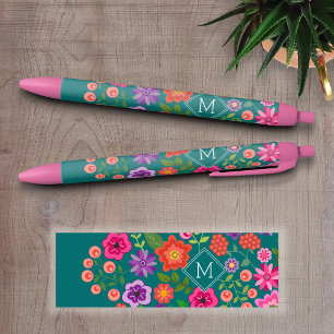 Stylo Noir Modèle Floral Turquoise tendance avec Monogramme