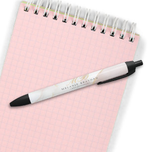 Stylo Noir Moderne Chic Rose Gold Rose Pâle Marbre Monogramme