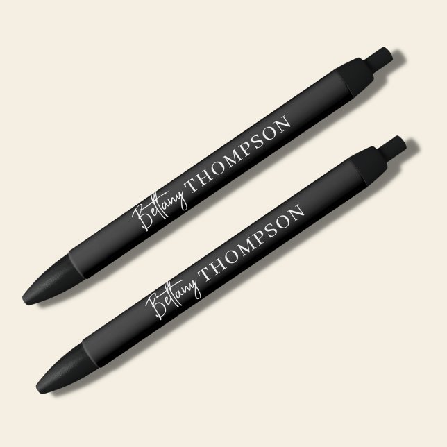 Stylo Noir Moderne Classique Noir & Monogramme Script (Créateur téléchargé)
