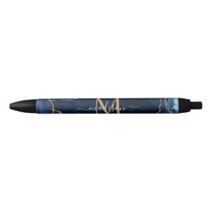 Stylo Noir Moderne Marine Blue Gold Agate Géode Chic Monogram