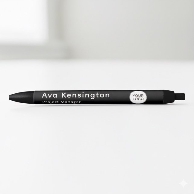 Stylo Noir Moderne Minimaliste Nom Personnalisé & Logo Noir (Créateur téléchargé)