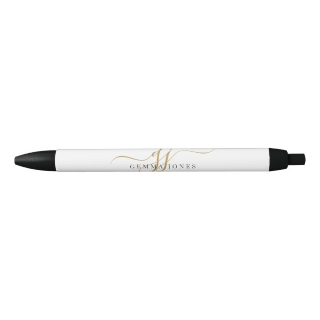 Stylo Noir Moderne Monogramme Initiale Or Noir Nom Script (Devant)
