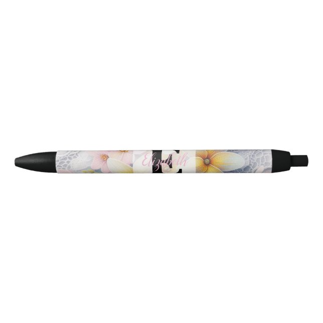 Stylo Noir Monogram lace pink and yellow Spring flowers  (Devant)